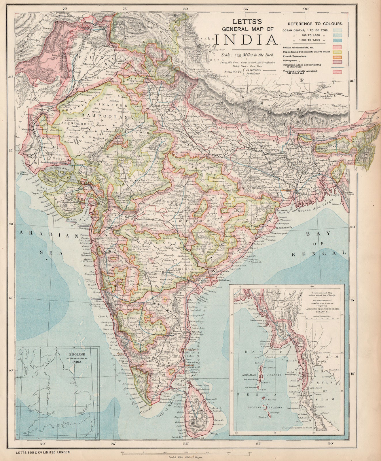 BRITISH INDIA French Portuguese Native states Railways telegraphs LETTS 1889 map